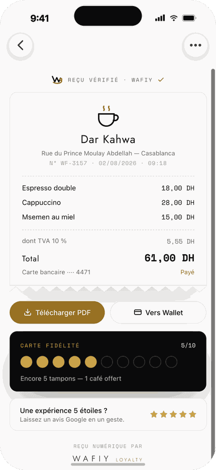 Reçu digital Wafiy — Café · Dar Kahwa